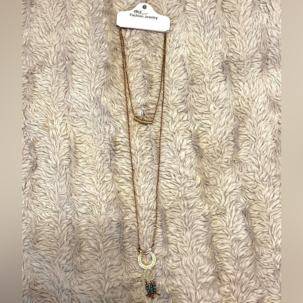 2/$15 - Boho Double Hoop Drop Necklace Gold & Turquoise Statement Necklace NWT - Picture 3 of 3